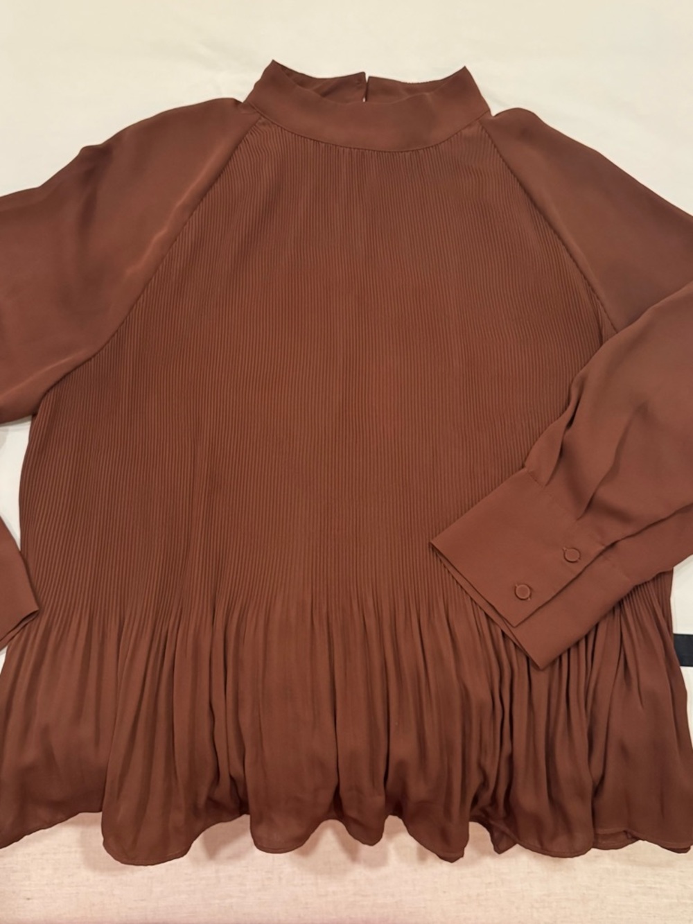 H&M Chocolate Brown Pleated Mock-Neck Long Sleeve Top
